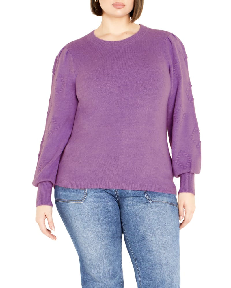 Front of a model wearing a size 18/20 Nicky Pom Pom Sweater in Lavendar by avenue. | dia_product_style_image_id:323581